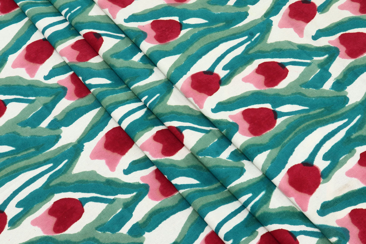 Green and Red colour Pure Cotton Block Print Fabric by the Yard, fabric by the meter, Indian Wood Block, Handstamped