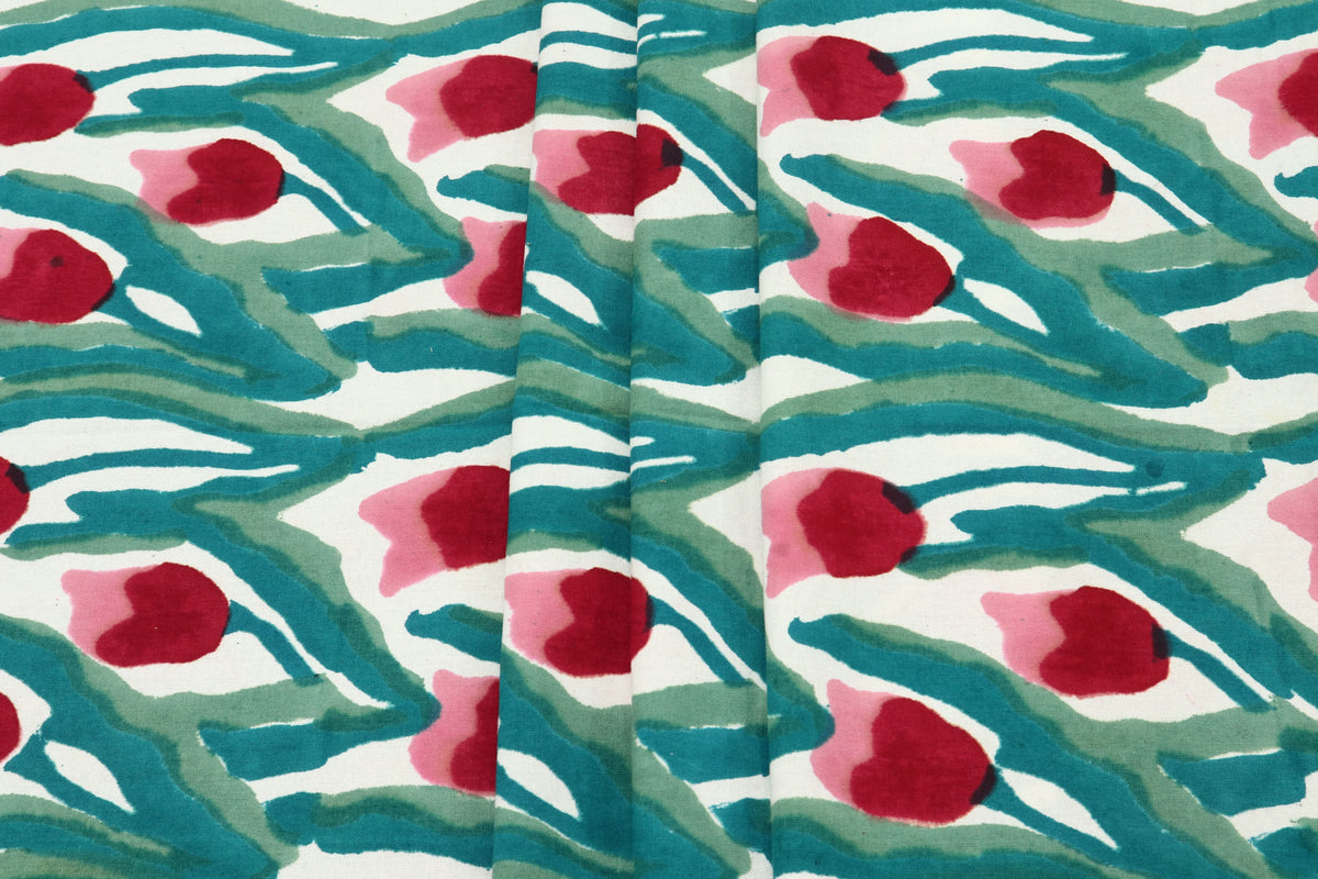 Green and Red colour Pure Cotton Block Print Fabric by the Yard, fabric by the meter, Indian Wood Block, Handstamped
