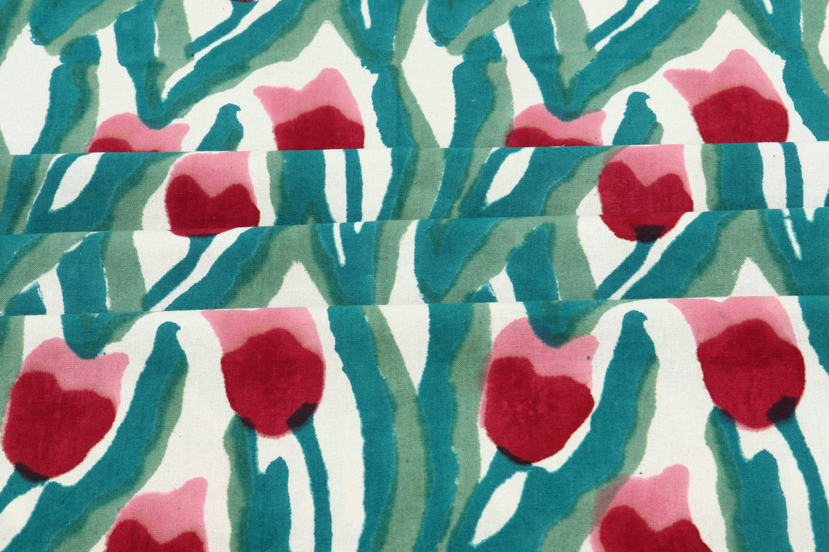 Green and Red colour Pure Cotton Block Print Fabric by the Yard, fabric by the meter, Indian Wood Block, Handstamped