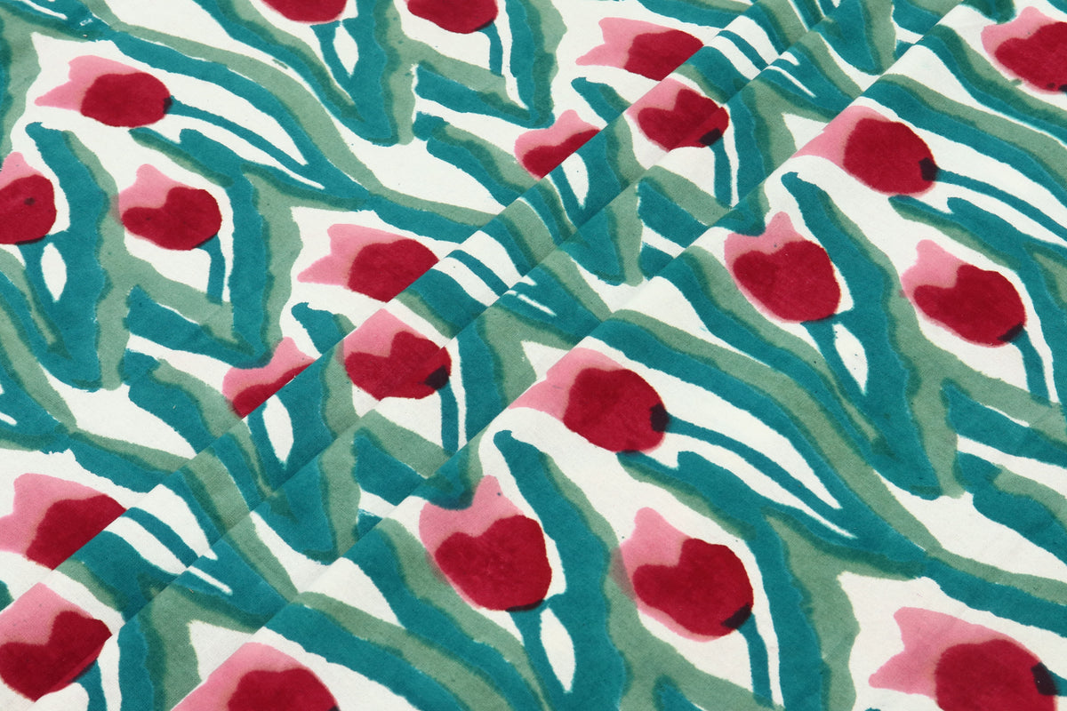 Green and Red colour Pure Cotton Block Print Fabric by the Yard, fabric by the meter, Indian Wood Block, Handstamped