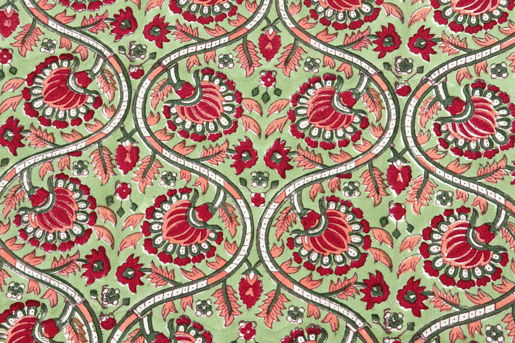Indian Cotton Fabric: Mughal Floral Block Print, Summer Dress Sewing Fabric