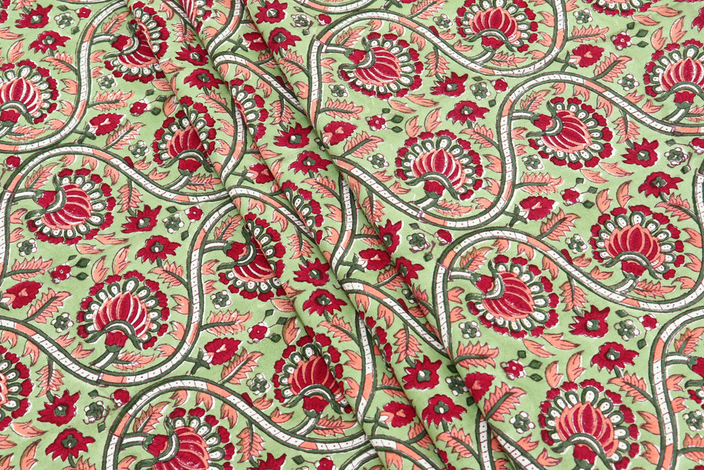 Indian Cotton Fabric: Mughal Floral Block Print, Summer Dress Sewing Fabric