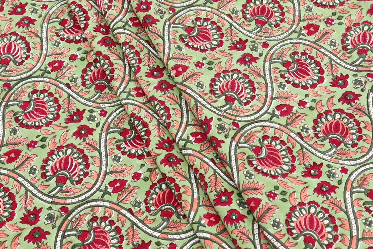Indian Cotton Fabric: Mughal Floral Block Print, Summer Dress Sewing Fabric