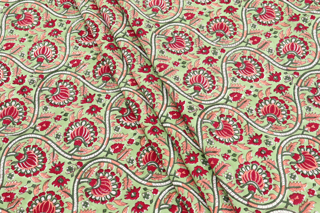Indian Cotton Fabric: Mughal Floral Block Print, Summer Dress Sewing Fabric