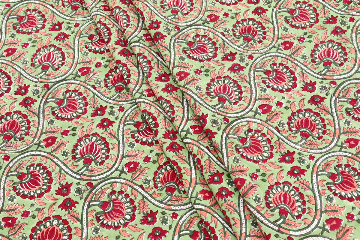 Indian Cotton Fabric: Mughal Floral Block Print, Summer Dress Sewing Fabric