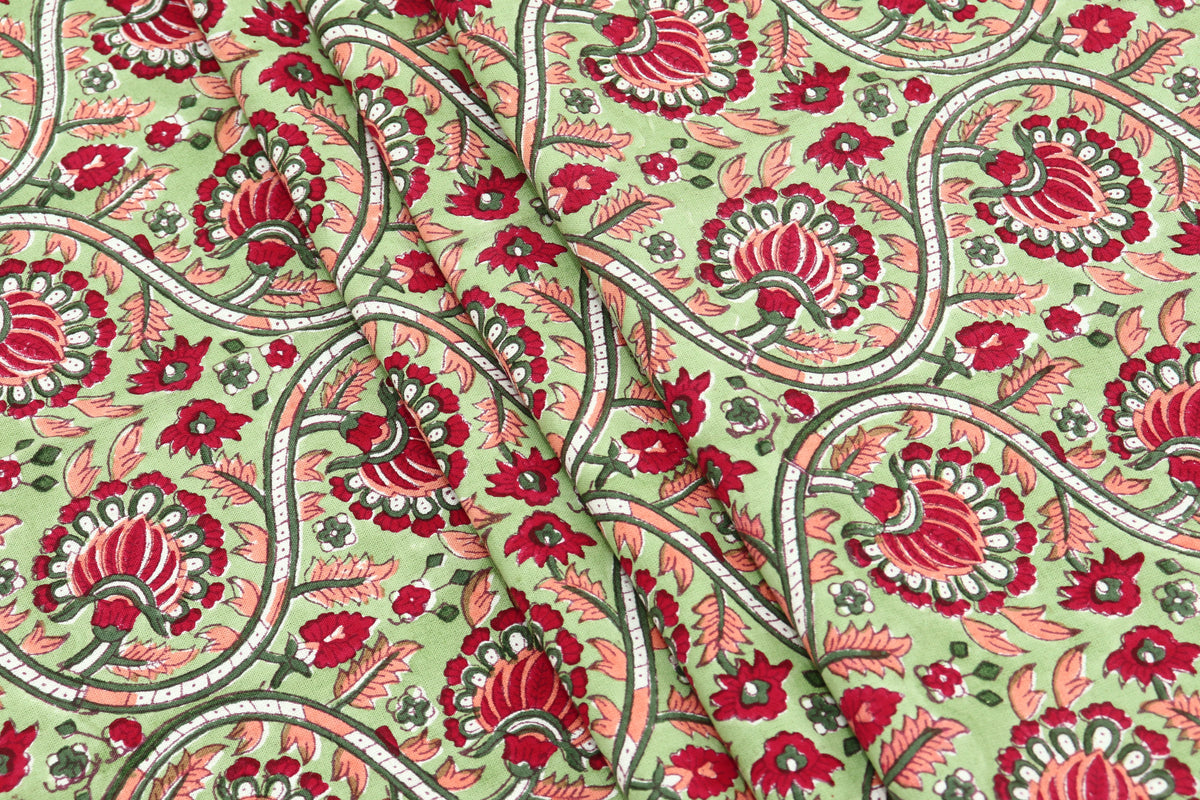 Indian Cotton Fabric: Mughal Floral Block Print, Summer Dress Sewing Fabric