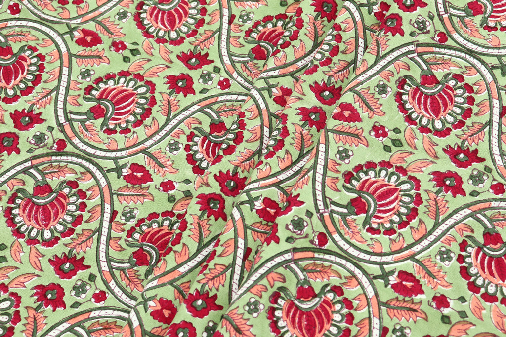 Indian Cotton Fabric: Mughal Floral Block Print, Summer Dress Sewing Fabric