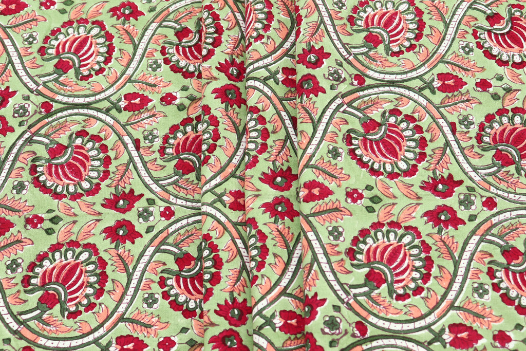 Indian Cotton Fabric: Mughal Floral Block Print, Summer Dress Sewing Fabric