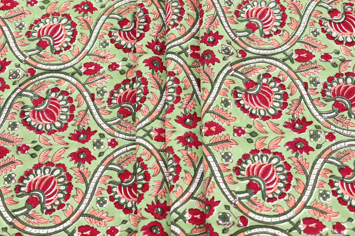 Indian Cotton Fabric: Mughal Floral Block Print, Summer Dress Sewing Fabric