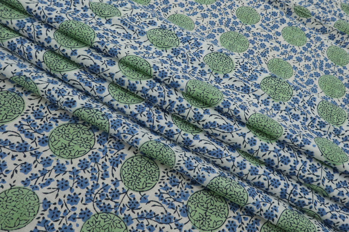 Mughal Block Print Cotton Fabric: Blue & Green Floral, By The Yard