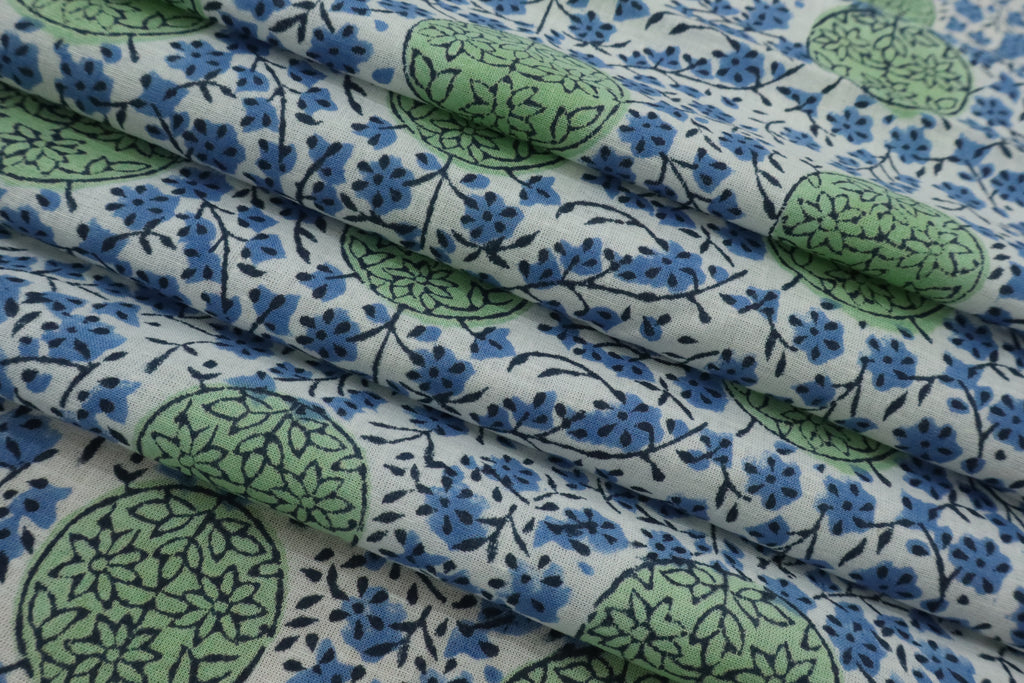 Mughal Block Print Cotton Fabric: Blue & Green Floral, By The Yard