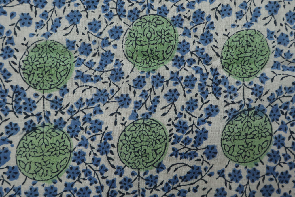 Mughal Block Print Cotton Fabric: Blue & Green Floral, By The Yard