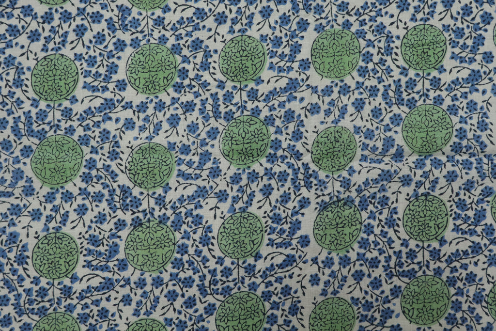 Mughal Block Print Cotton Fabric: Blue & Green Floral, By The Yard