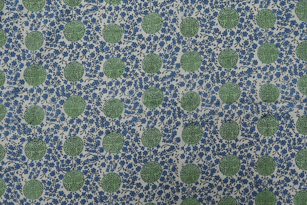 Mughal Block Print Cotton Fabric: Blue & Green Floral, By The Yard