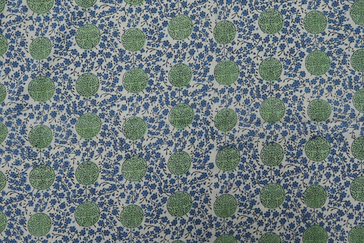 Mughal Block Print Cotton Fabric: Blue & Green Floral, By The Yard