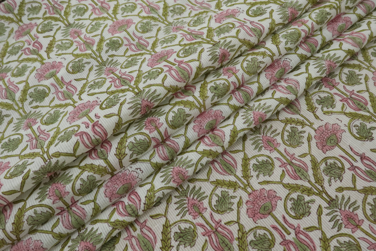 Floral Block Print Linen Fabric: Green & Pink Mughal Design