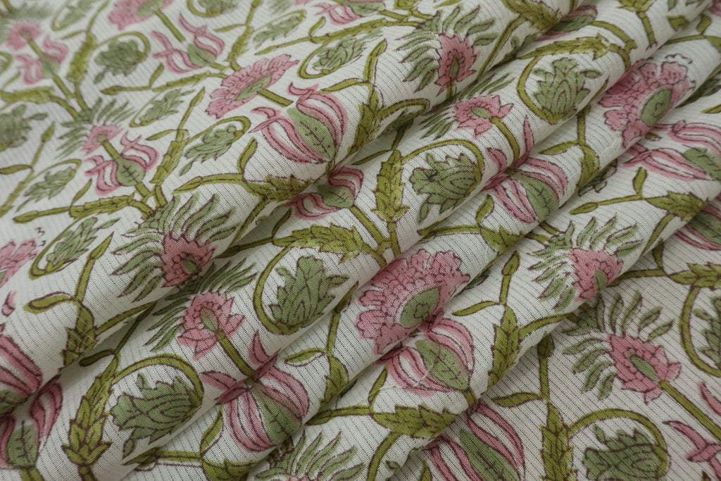 Floral Block Print Linen Fabric: Green & Pink Mughal Design