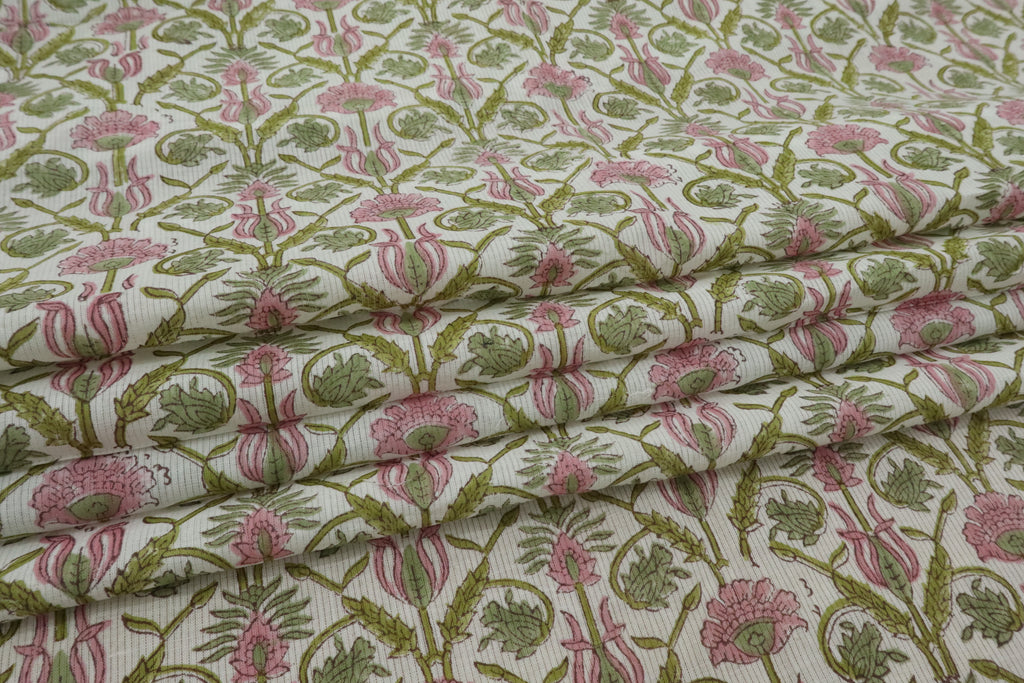Floral Block Print Linen Fabric: Green & Pink Mughal Design