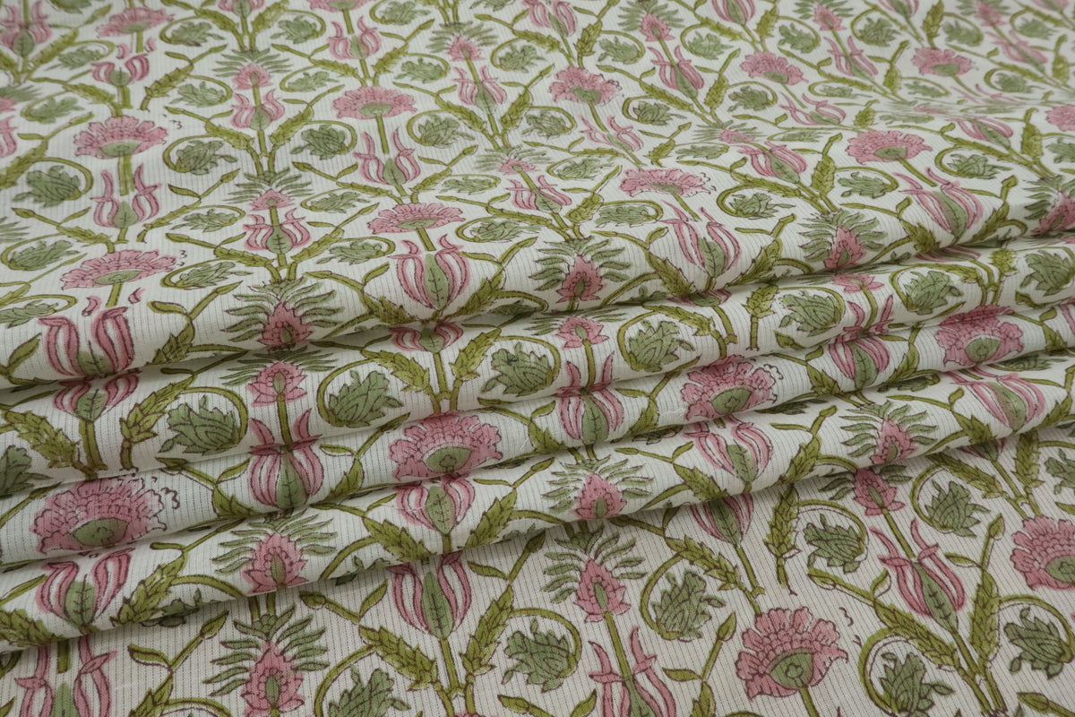 Floral Block Print Linen Fabric: Green & Pink Mughal Design