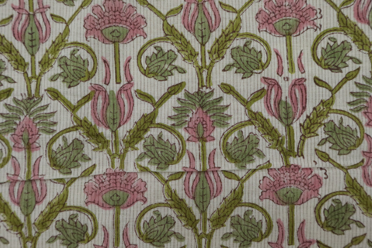Floral Block Print Linen Fabric: Green & Pink Mughal Design