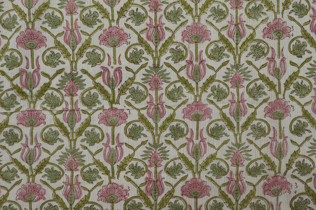 Floral Block Print Linen Fabric: Green & Pink Mughal Design