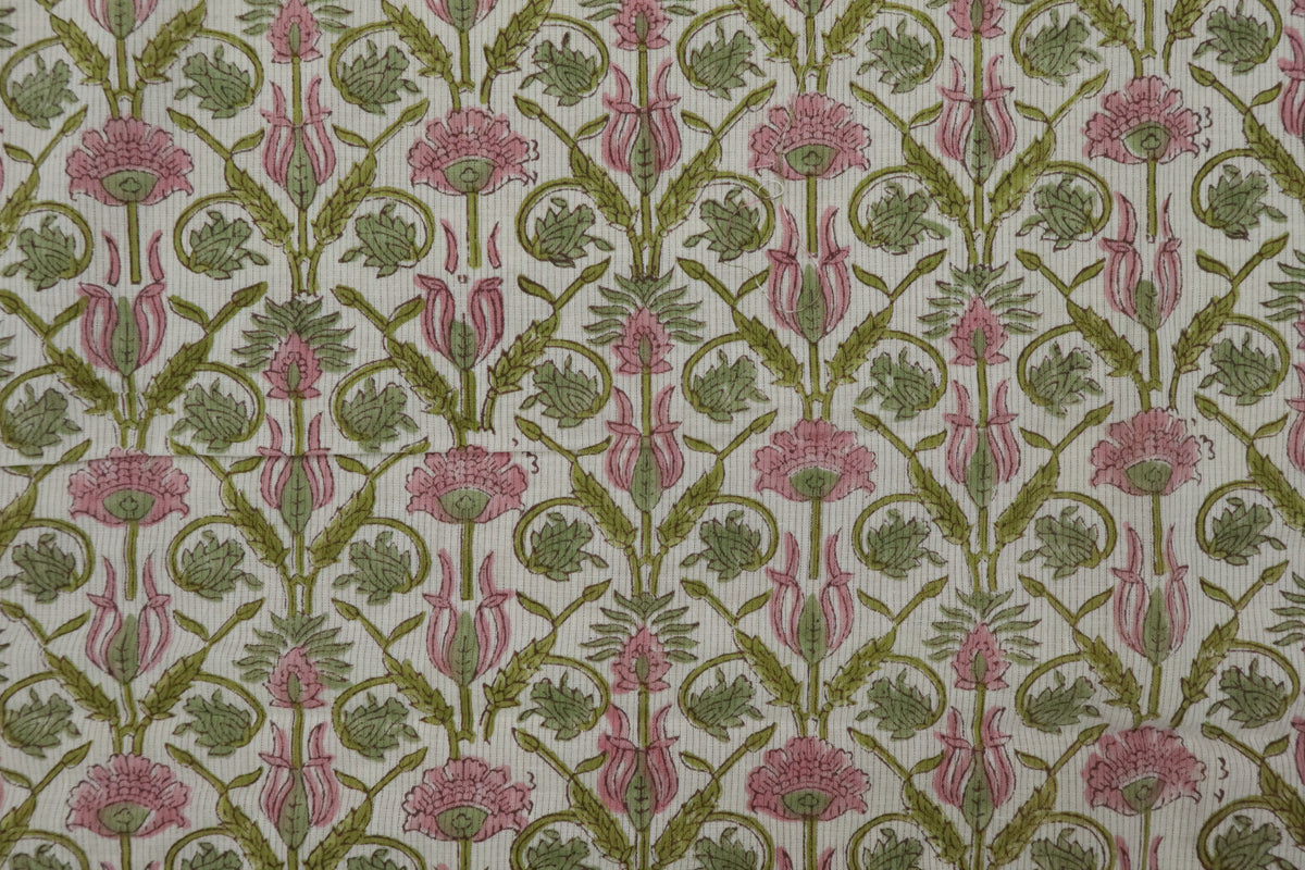 Floral Block Print Linen Fabric: Green & Pink Mughal Design