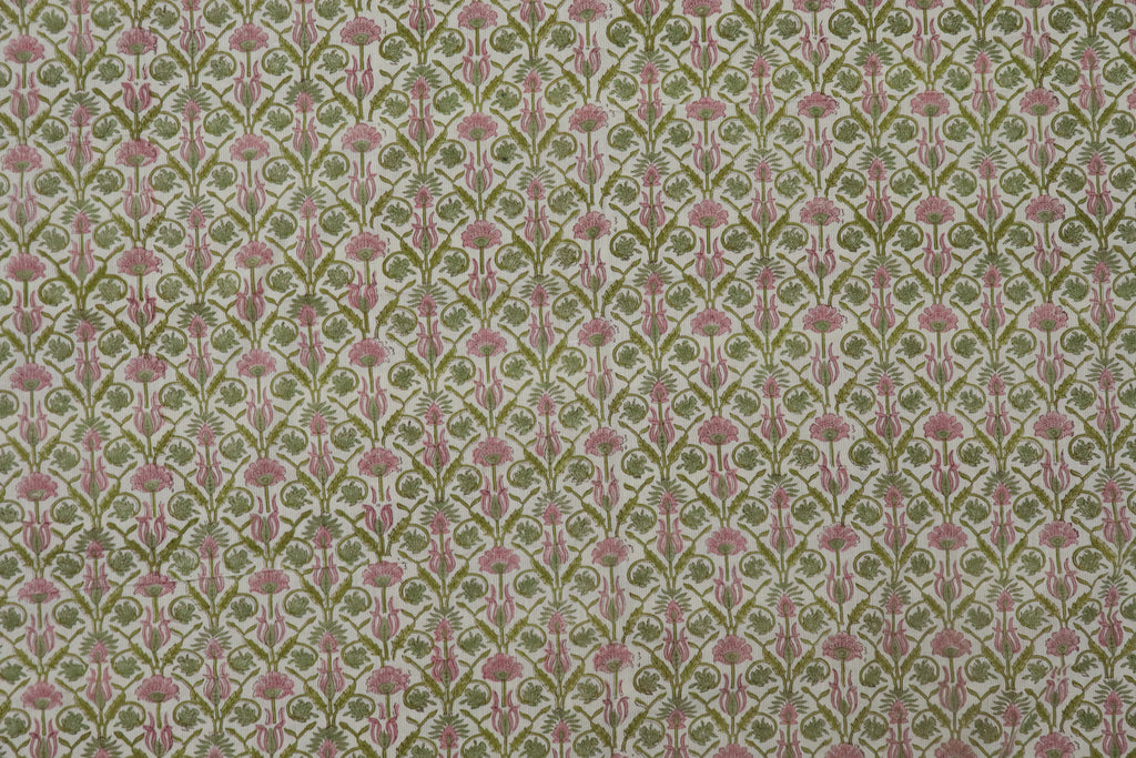 Floral Block Print Linen Fabric: Green & Pink Mughal Design