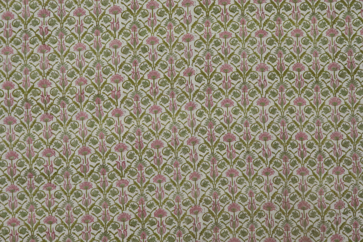Floral Block Print Linen Fabric: Green & Pink Mughal Design