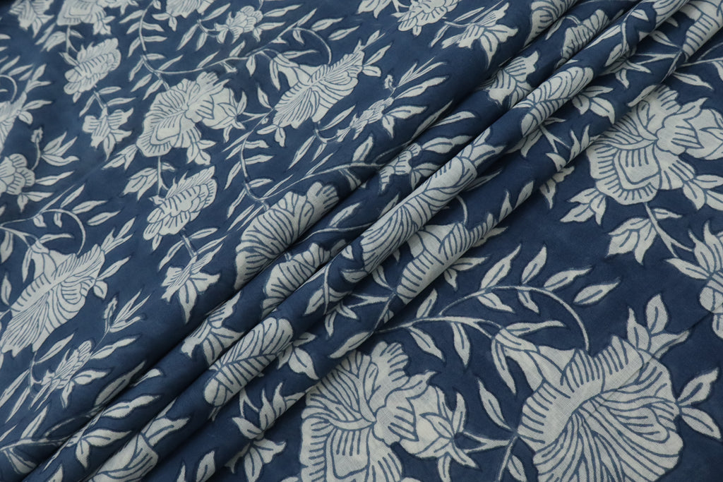 Blue & White Floral Block Print Linen Fabric - Indian Mughal Style