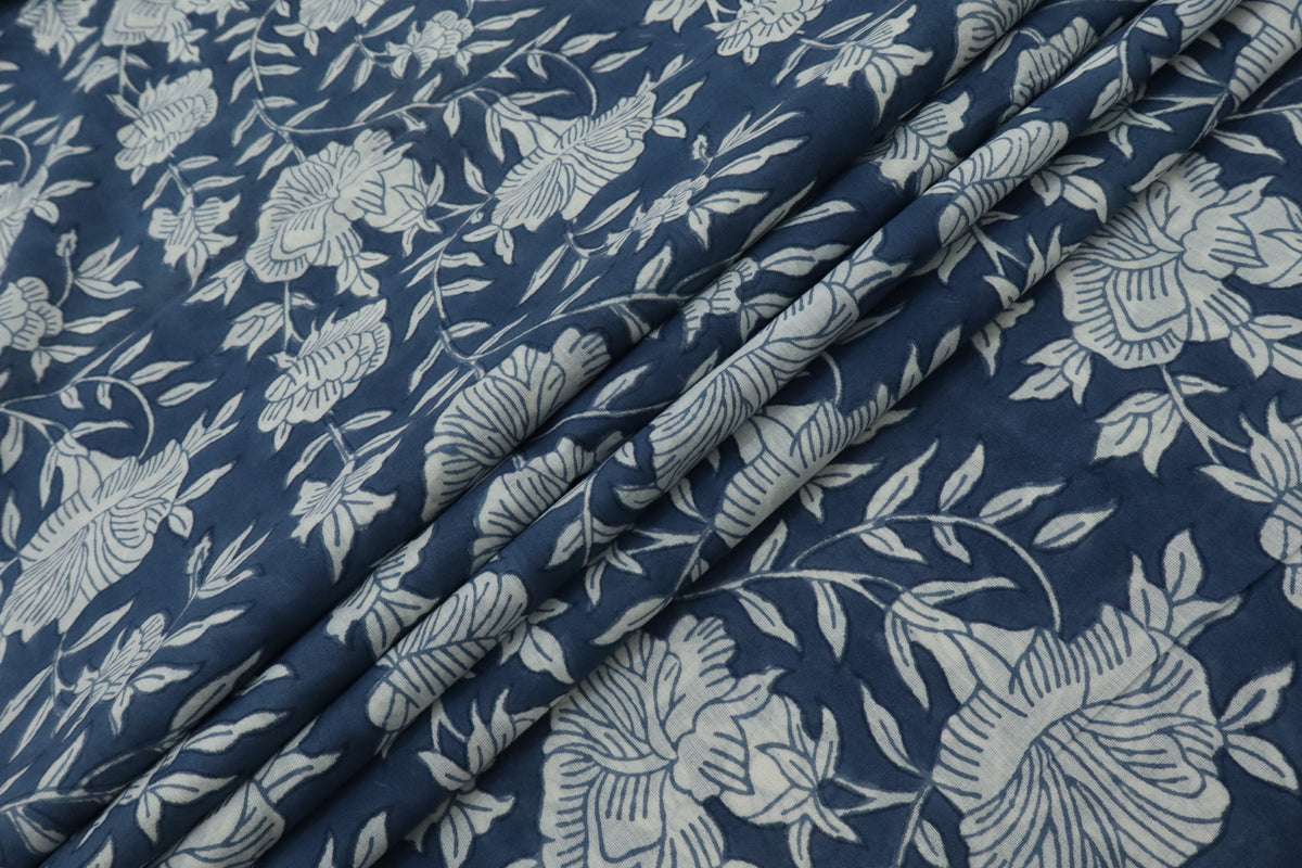 Blue & White Floral Block Print Linen Fabric - Indian Mughal Style