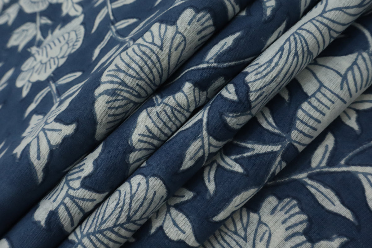 Blue & White Floral Block Print Linen Fabric - Indian Mughal Style