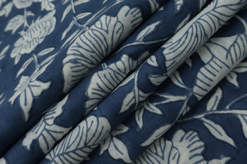 Blue & White Floral Block Print Linen Fabric - Indian Mughal Style