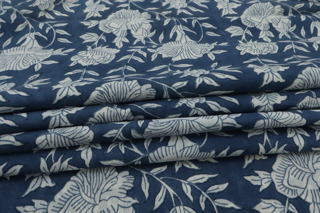 Blue & White Floral Block Print Linen Fabric - Indian Mughal Style