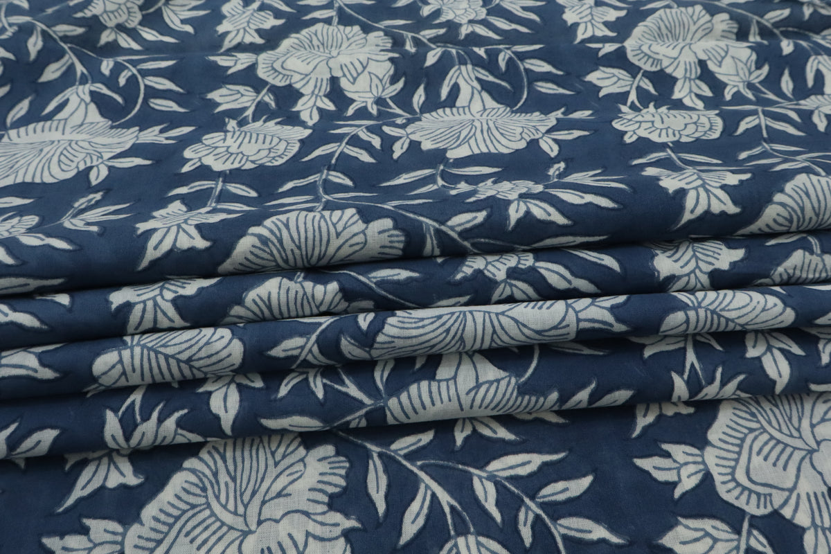 Blue & White Floral Block Print Linen Fabric - Indian Mughal Style