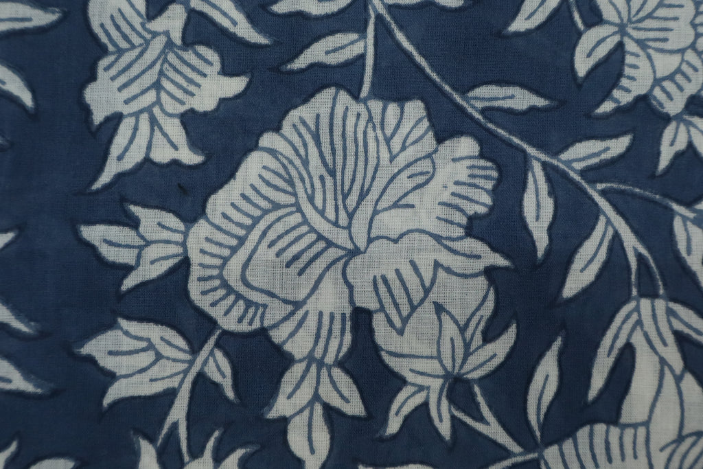Blue & White Floral Block Print Linen Fabric - Indian Mughal Style
