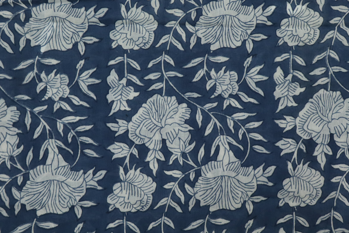 Blue & White Floral Block Print Linen Fabric - Indian Mughal Style