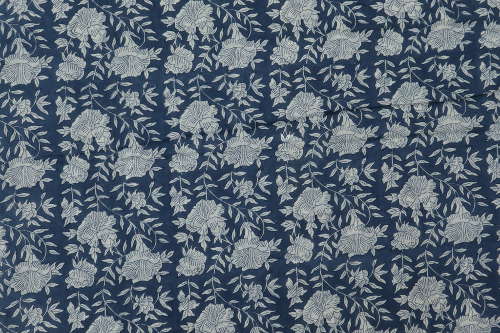 Blue & White Floral Block Print Linen Fabric - Indian Mughal Style