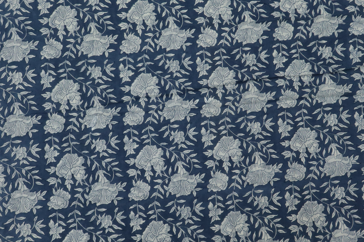 Blue & White Floral Block Print Linen Fabric - Indian Mughal Style