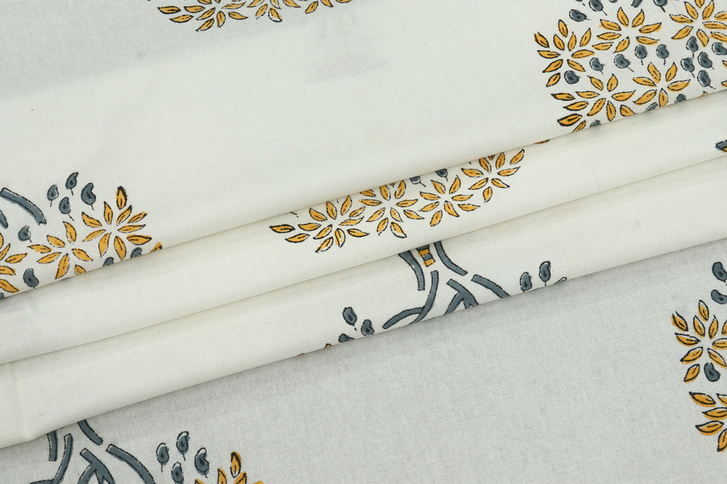 Yellow and White Pure Cotton Block Print Fabric by the Yard, fabric by the meter, Indian Wood Block, Handstamped