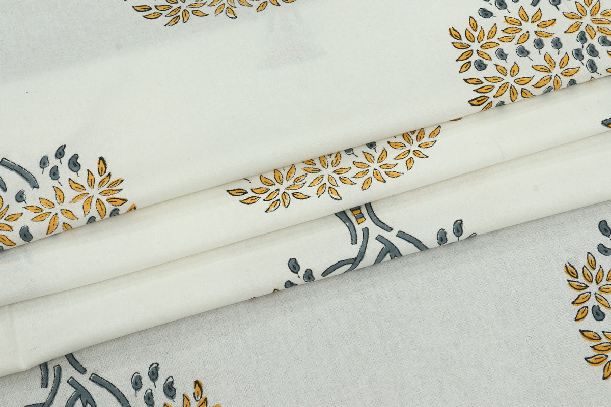 Yellow and White Pure Cotton Block Print Fabric by the Yard, fabric by the meter, Indian Wood Block, Handstamped