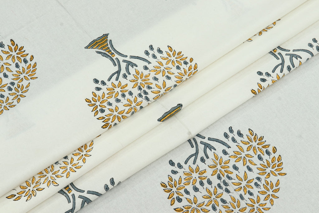 Yellow and White Pure Cotton Block Print Fabric by the Yard, fabric by the meter, Indian Wood Block, Handstamped