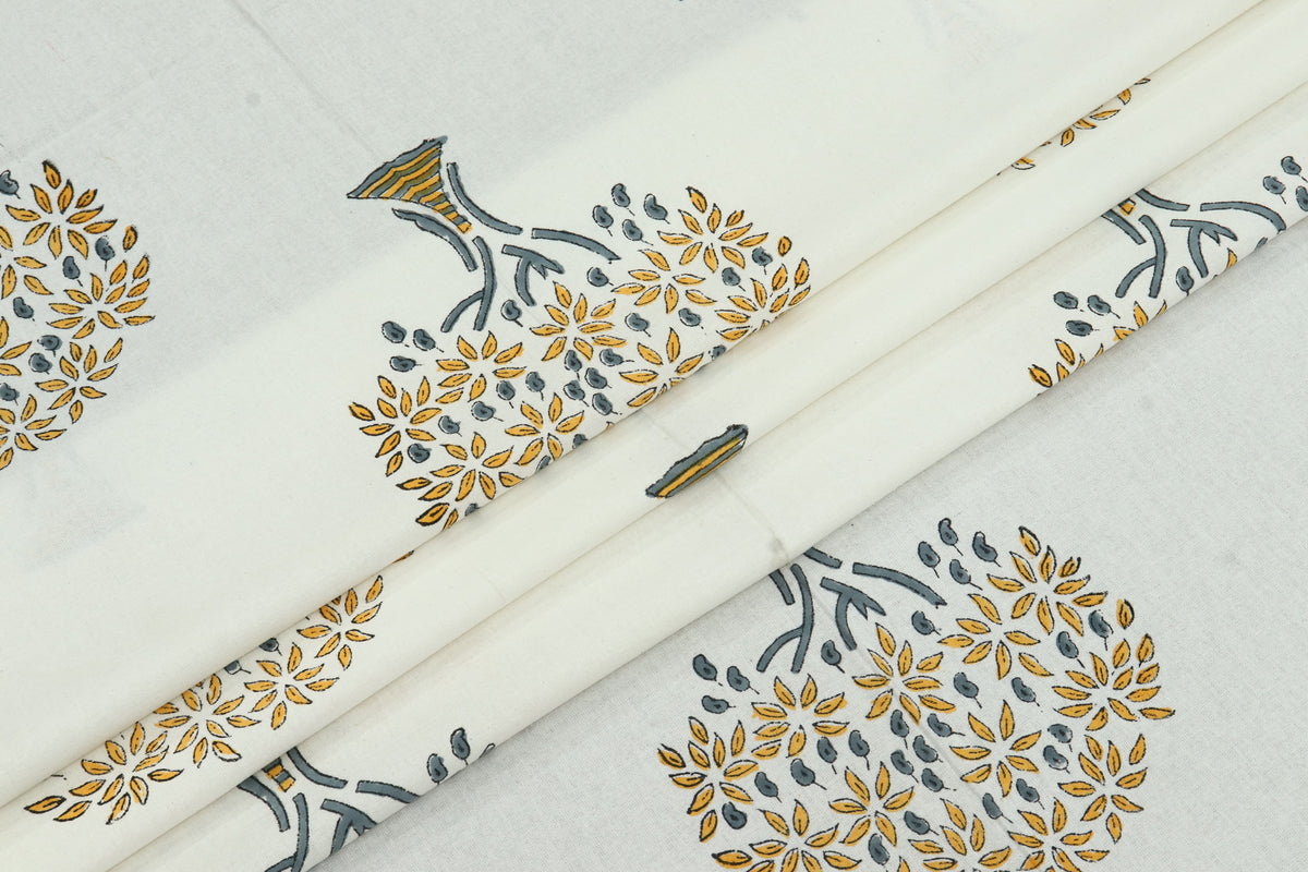 Yellow and White Pure Cotton Block Print Fabric by the Yard, fabric by the meter, Indian Wood Block, Handstamped
