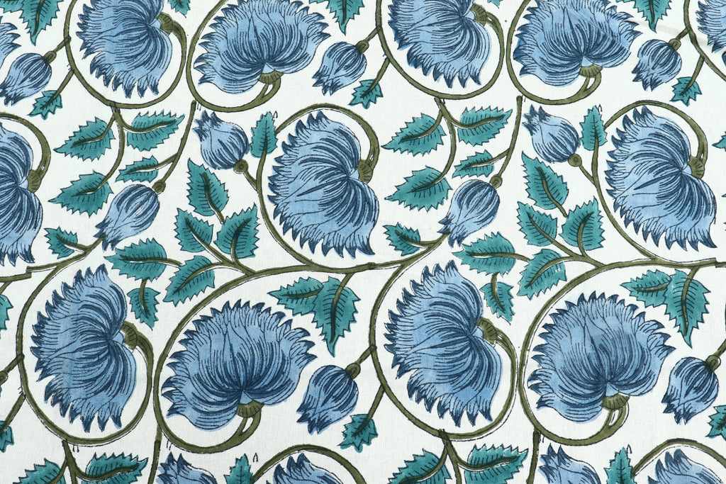 Mughal Floral Print Cotton Fabric: Hand Block Printed Indian Fabric