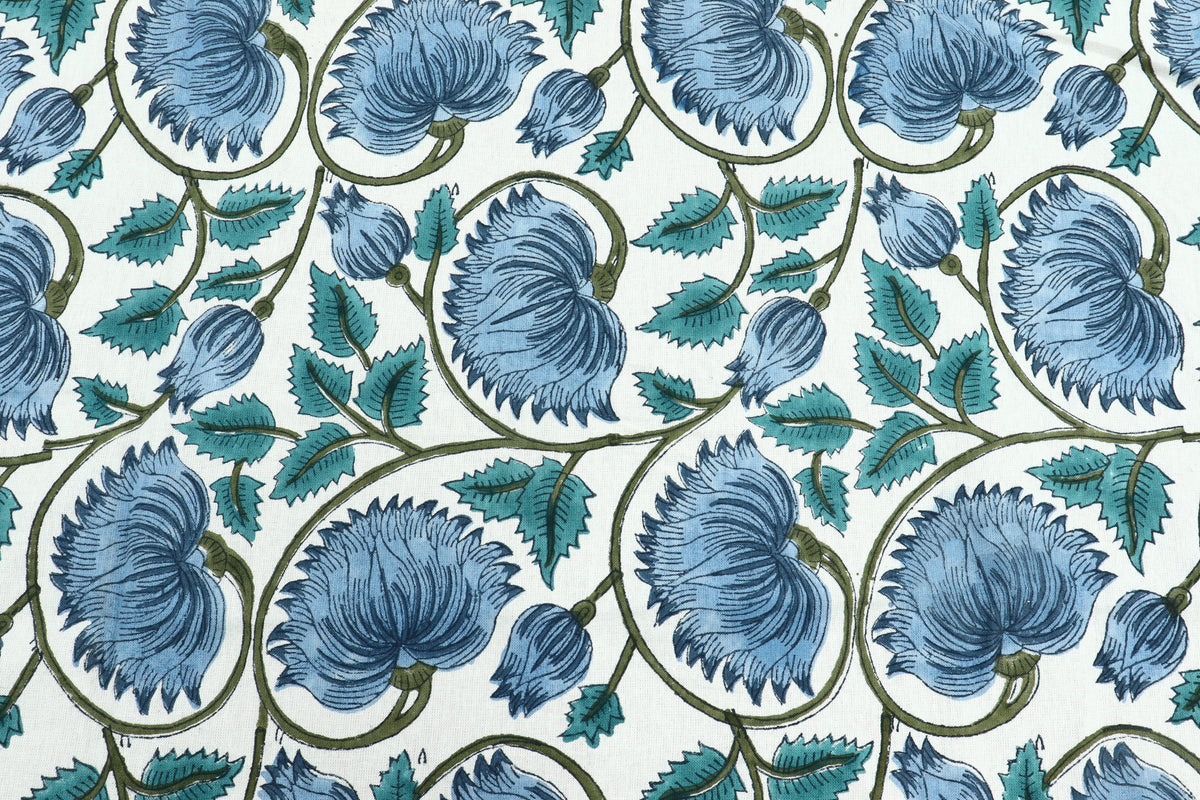 Mughal Floral Print Cotton Fabric: Hand Block Printed Indian Fabric
