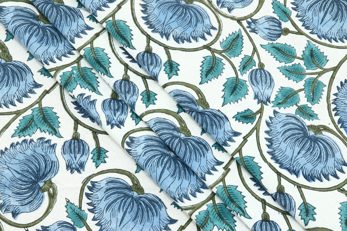 Mughal Floral Print Cotton Fabric: Hand Block Printed Indian Fabric