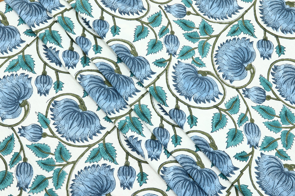 Mughal Floral Print Cotton Fabric: Hand Block Printed Indian Fabric