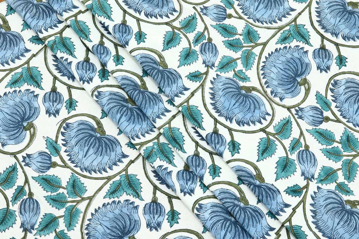 Mughal Floral Print Cotton Fabric: Hand Block Printed Indian Fabric