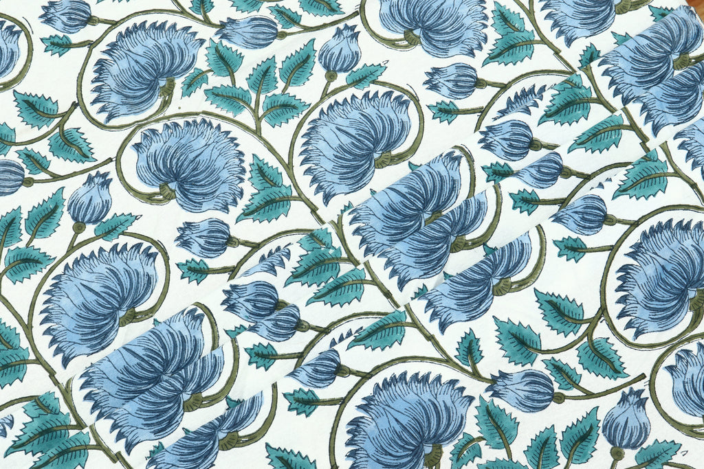 Mughal Floral Print Cotton Fabric: Hand Block Printed Indian Fabric
