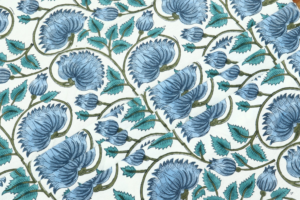 Mughal Floral Print Cotton Fabric: Hand Block Printed Indian Fabric