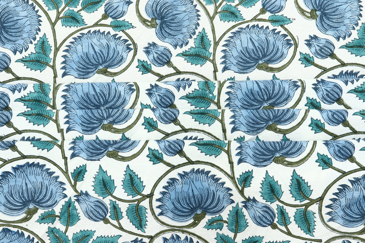 Mughal Floral Print Cotton Fabric: Hand Block Printed Indian Fabric